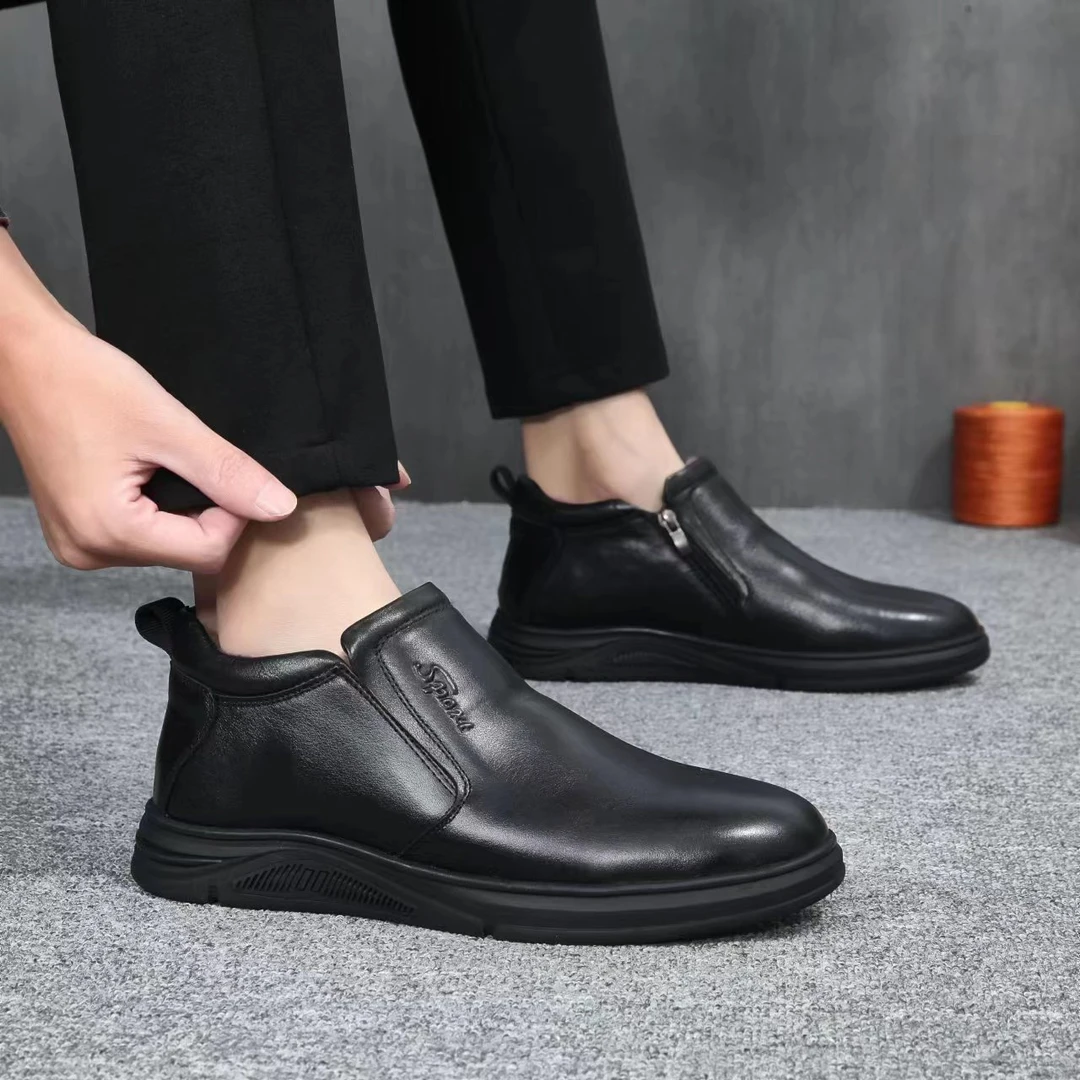 1701男款冬季保暖时尚舒适加绒羊羔毛软底商务皮鞋爸爸鞋