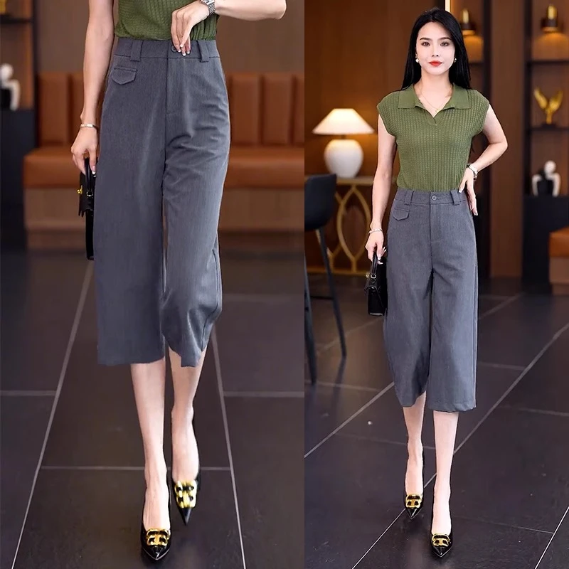 中裤女夏季薄款休闲阔腿七分裤2025新款小个子裤子高腰直筒西装裤