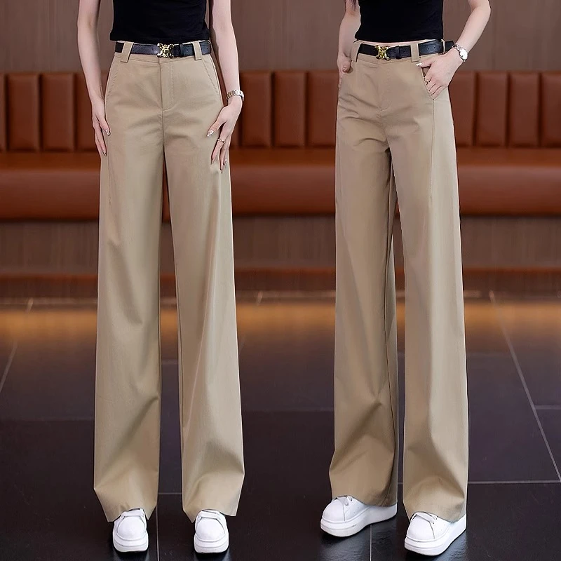 卡其色直筒裤女夏季春秋2025新款冰丝女裤高腰垂感休闲窄版阔腿裤