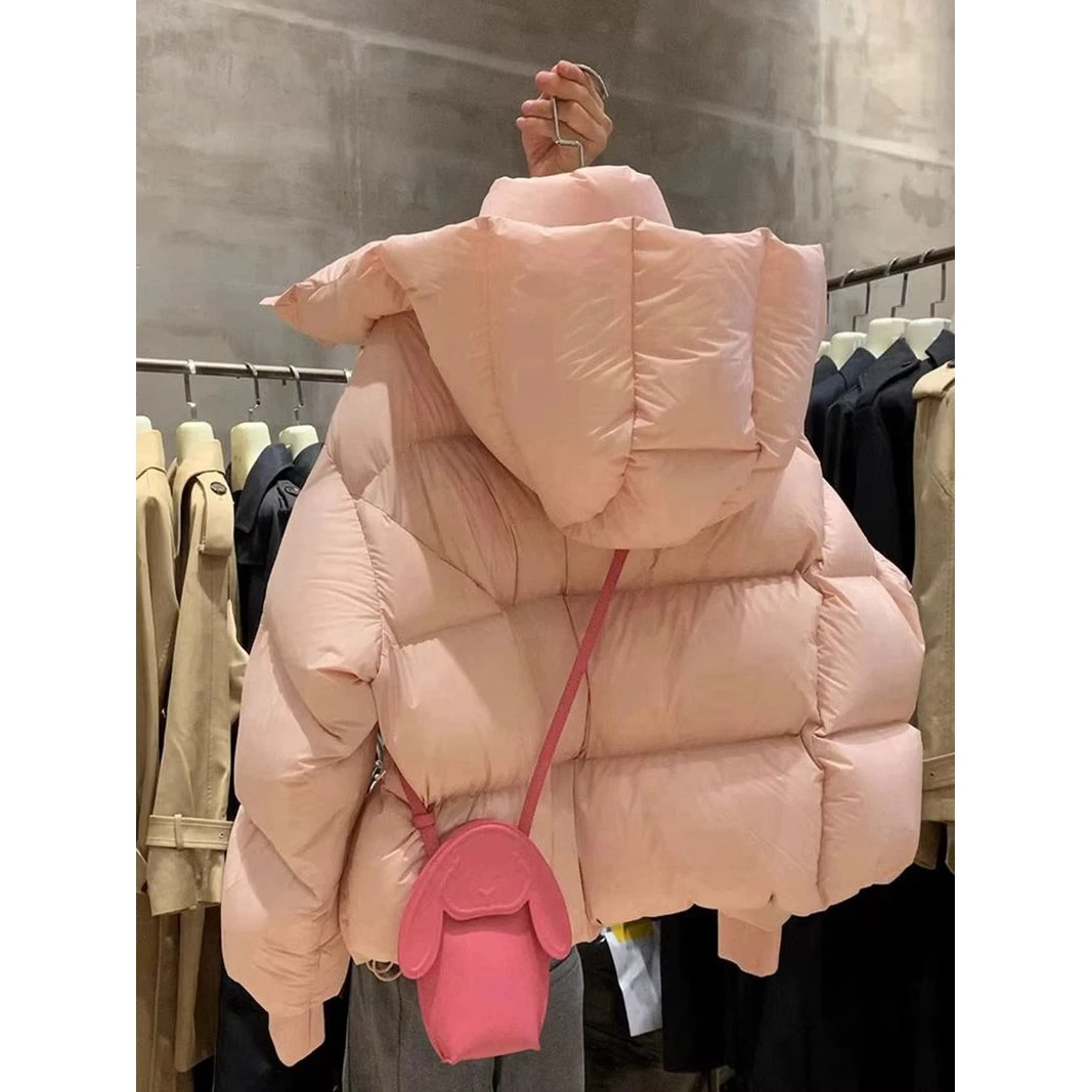 新款2023羽绒服新款爆款高级感超好看粉色连帽羽绒服韩系慵懒风外