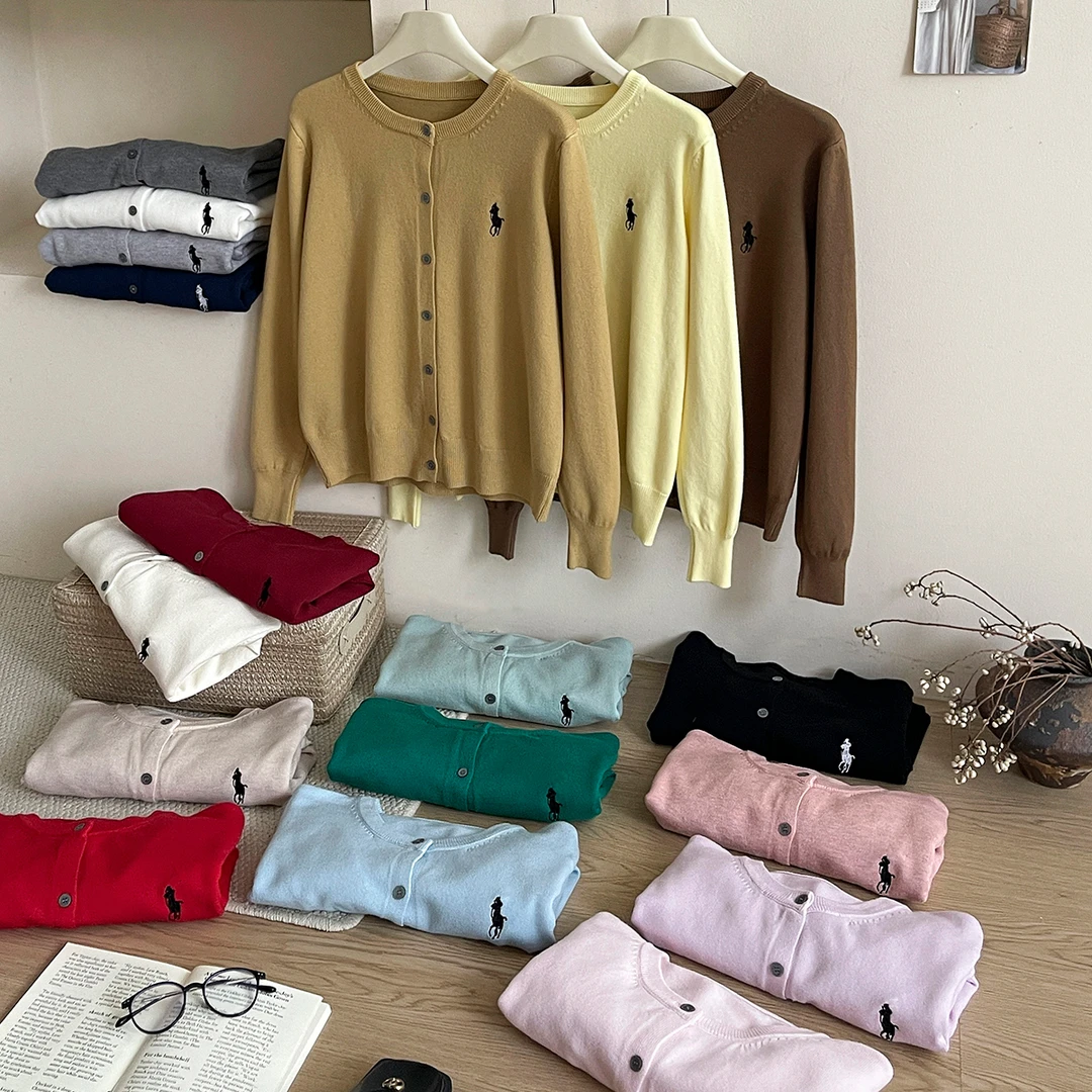 复古老钱风小马刺绣软糯圆领针织开衫女秋韩系休闲百搭外套上毛衣