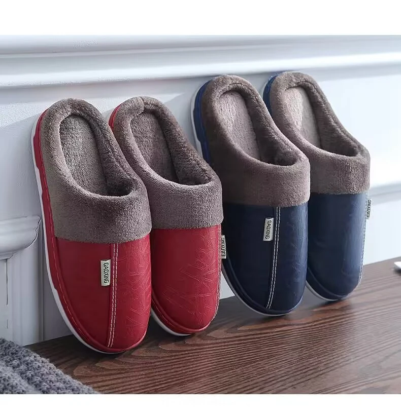 秋冬季PU皮面防水棉拖鞋女居家防滑保暖情侣室内加绒月子皮拖鞋冬