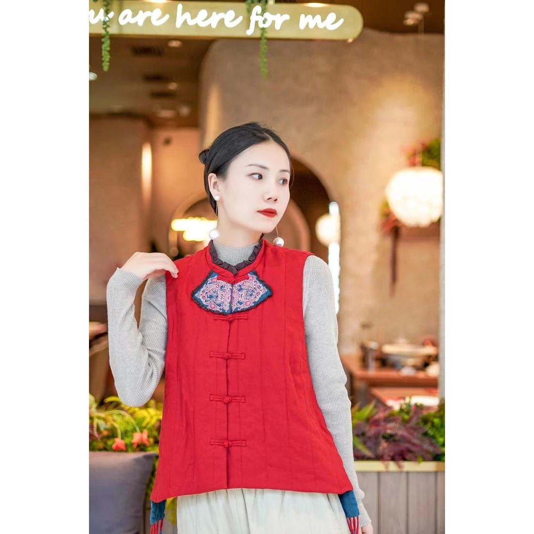 2917大吉原创V领羊羔绒拼接侧面系带绣花夹棉袄百搭棉袄马甲背心