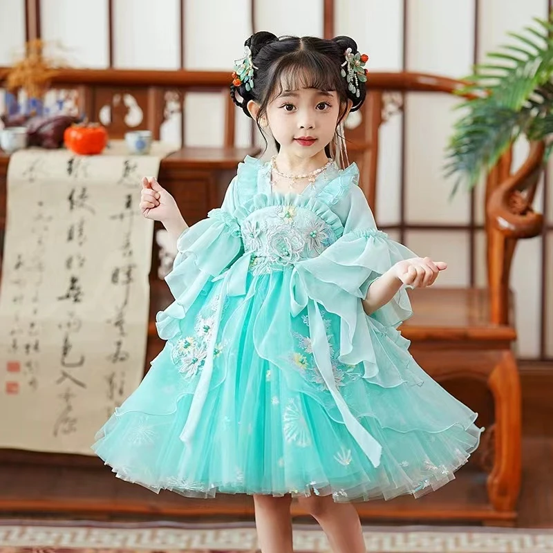 汉服女童洛丽塔连衣裙2024新款夏国风小女孩蓬蓬裙儿童古风演出裙