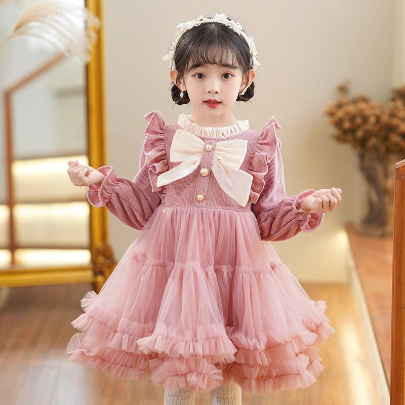 女童公主裙新款儿童高档生日花童礼服女孩秋冬洋气加厚蓬蓬连衣裙