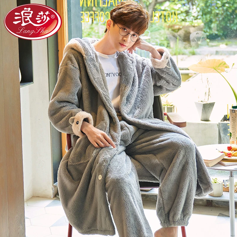 浪莎2023年男士秋冬季加厚睡袍新款珊瑚绒睡衣保暖法兰绒大码冬天