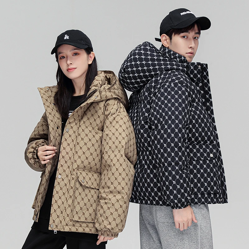 24秋冬情侣款保暖满印时尚加厚连帽外套