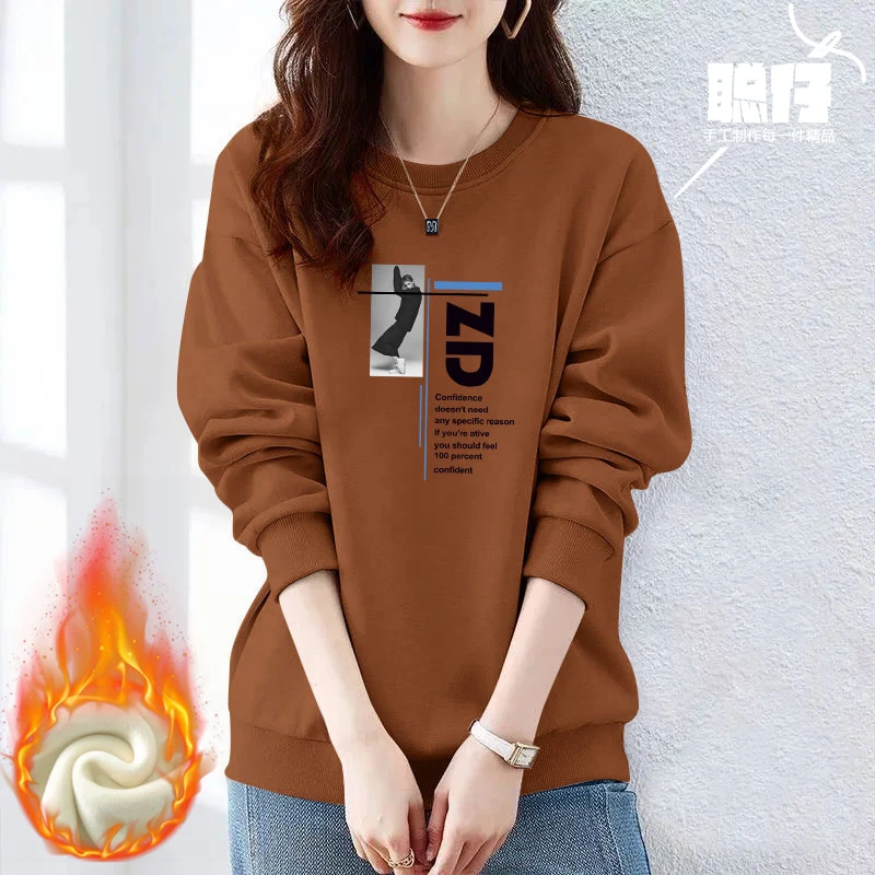 女装圆领时尚印花卫衣春秋女装新款设计感小众时尚加绒加厚上衣潮