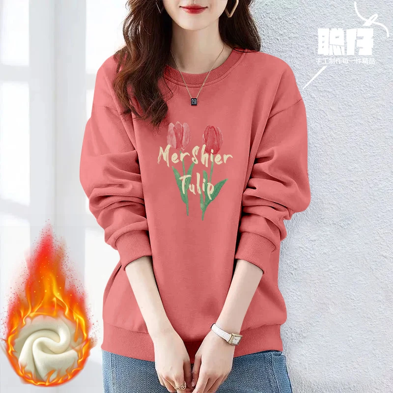 时尚优质女装加绒厚款卫衣春秋季宽松字母印花长袖打底衫休闲上衣