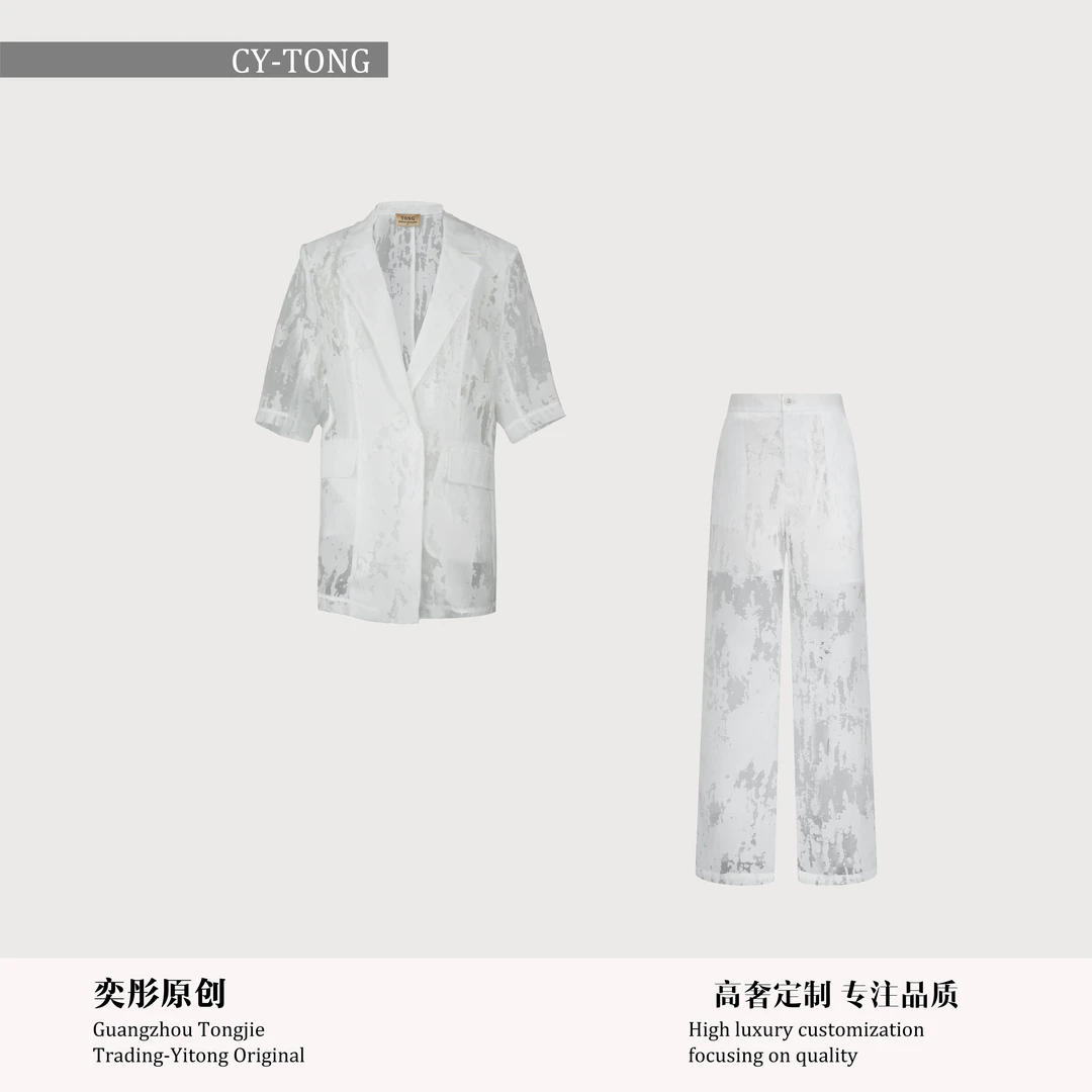 【彤姐原创】夏季设计师款短袖雕花工艺女款外套西装裤子套装230328