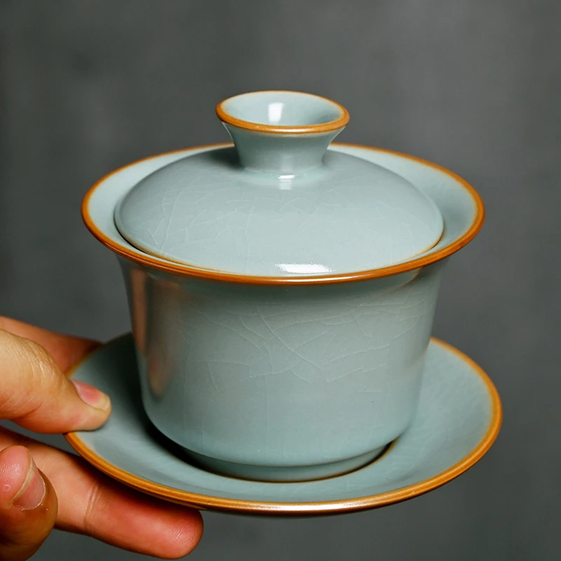 德化汝瓷天青色三才盖碗功夫茶具中式高档陶瓷开片可养汝窑泡茶器