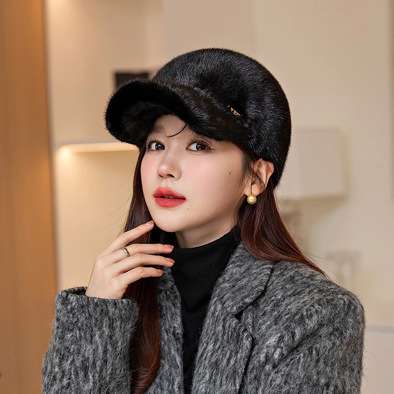 李福源2023秋冬休闲时尚百搭真皮真毛水貂高档英伦风情侣款棒球帽