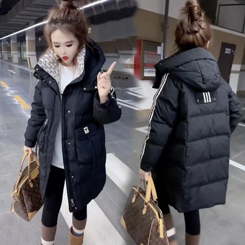 2025冬季新款韩版时尚连帽服女中长款休闲加厚保暖棉衣外套