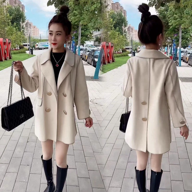 小个子气质秋冬新款中长款毛呢大衣女宽松显瘦西服领风衣呢子外套