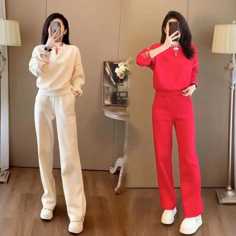 2025秋冬新款中式国潮风盘扣加绒厚圆领休闲运动套装女卫衣两件套