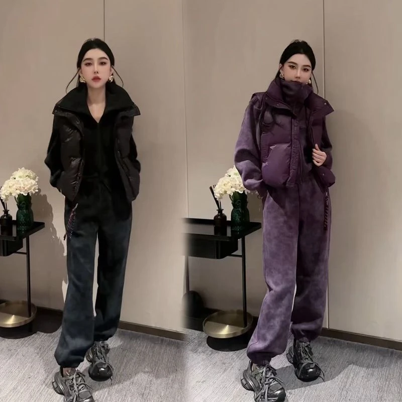 2025冬季新款韩版加绒加厚运动休闲套装女棉马甲卫衣束脚裤三件套