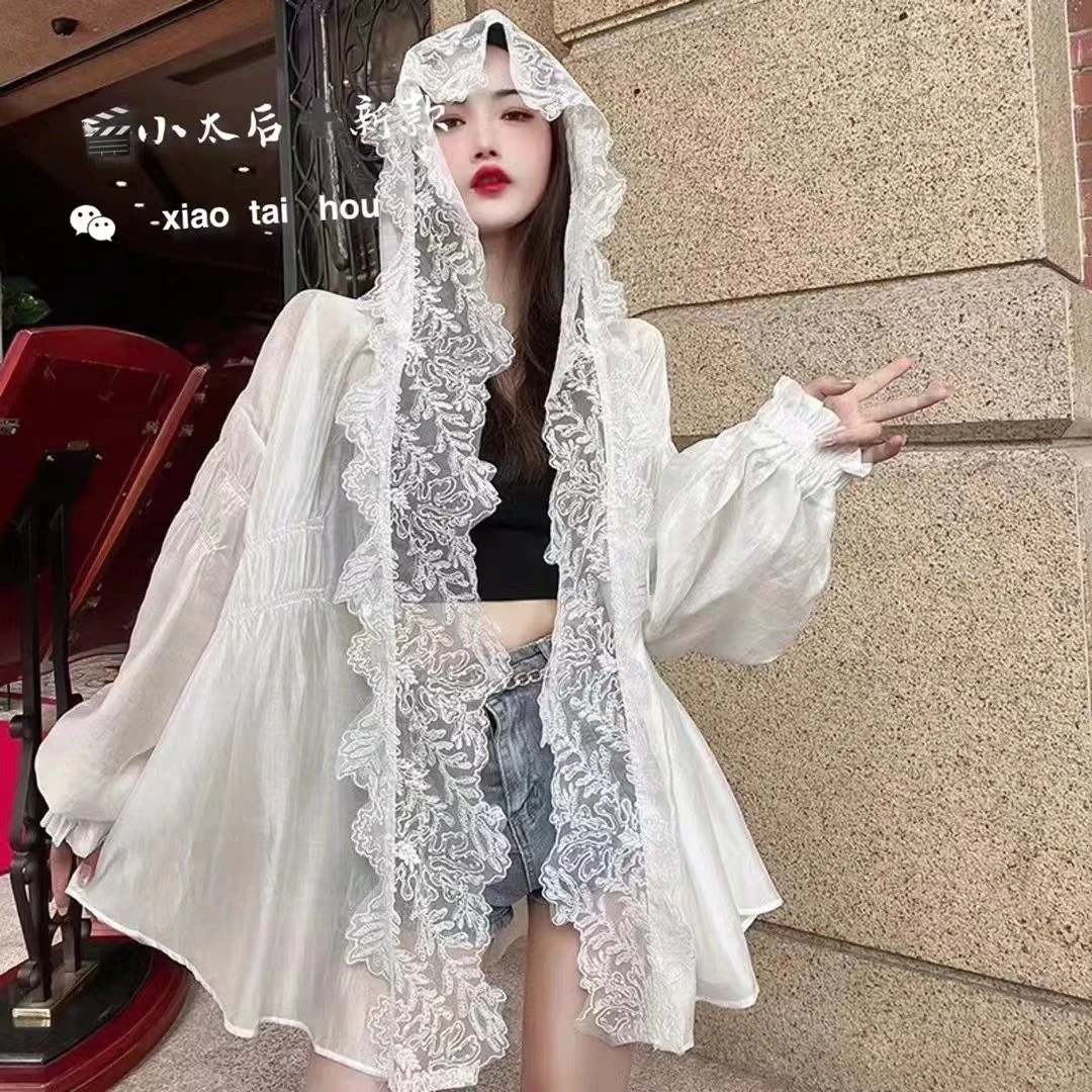 夏季新款连帽长袖蕾丝雪纺衫防晒服外套女宽松甜美防紫外线皮肤衣