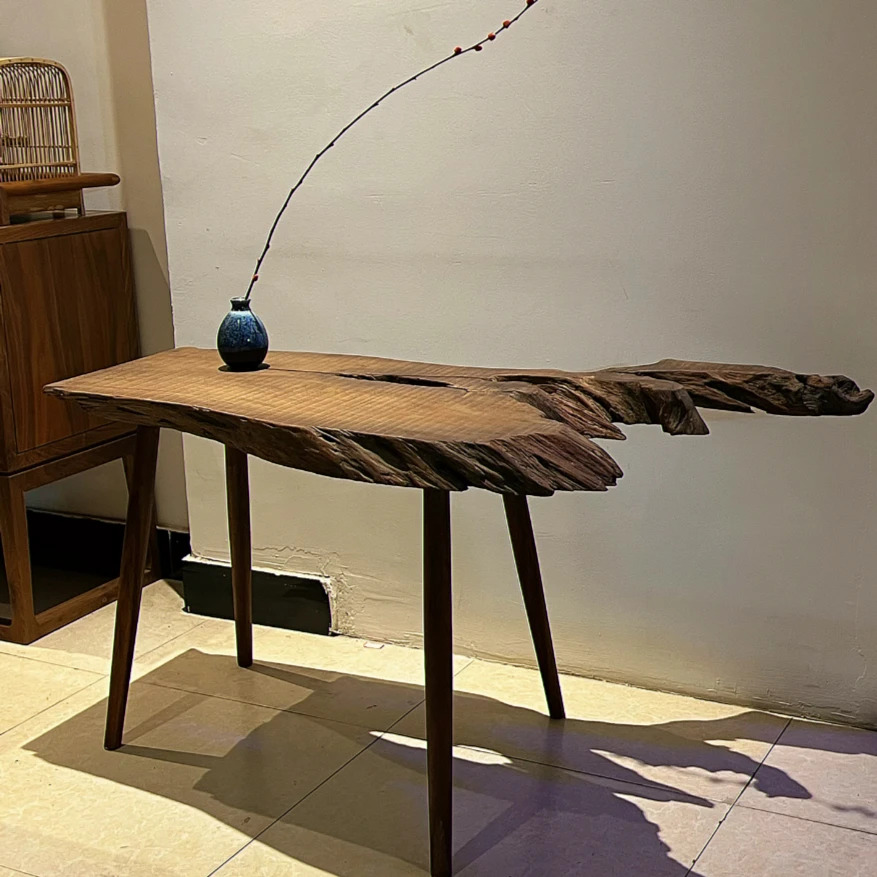 璞一侘寂风创意异形案几禅意玄关边几别墅自然随形风化老料案几