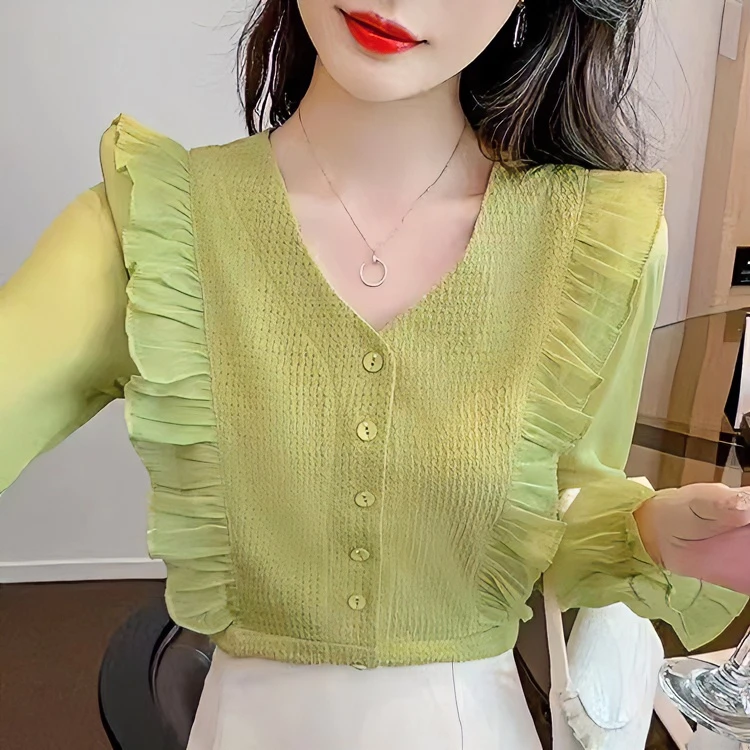 【左家娇女推荐】2023年春季新款荷叶边V领长袖气质小衫#3335