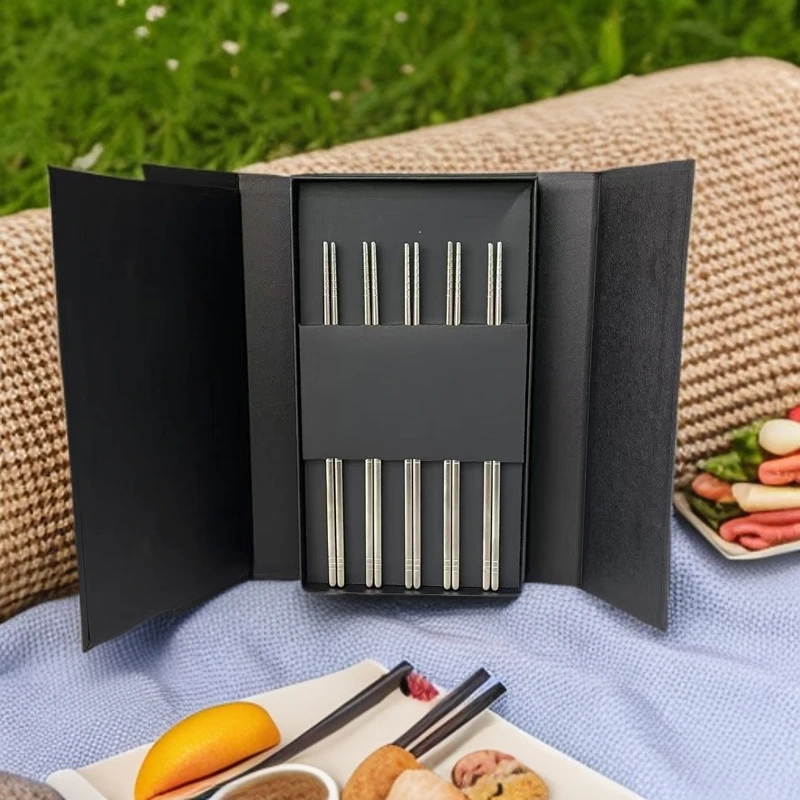 纯钛筷子家用钛钢野营钛餐具户外防滑筷子轻奢高档(5双礼盒装）