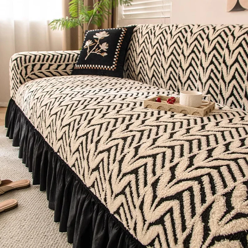 秋冬毛绒裙边沙发套2024新款防猫抓沙发罩全包一体式通用型保护套