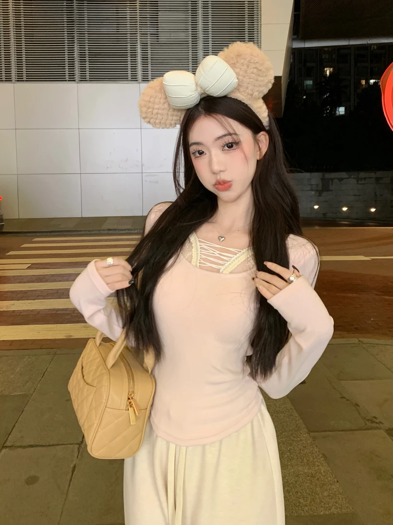 大码女装自带胸假两件蕾丝拼接长袖T恤修身纯欲内搭打底上衣