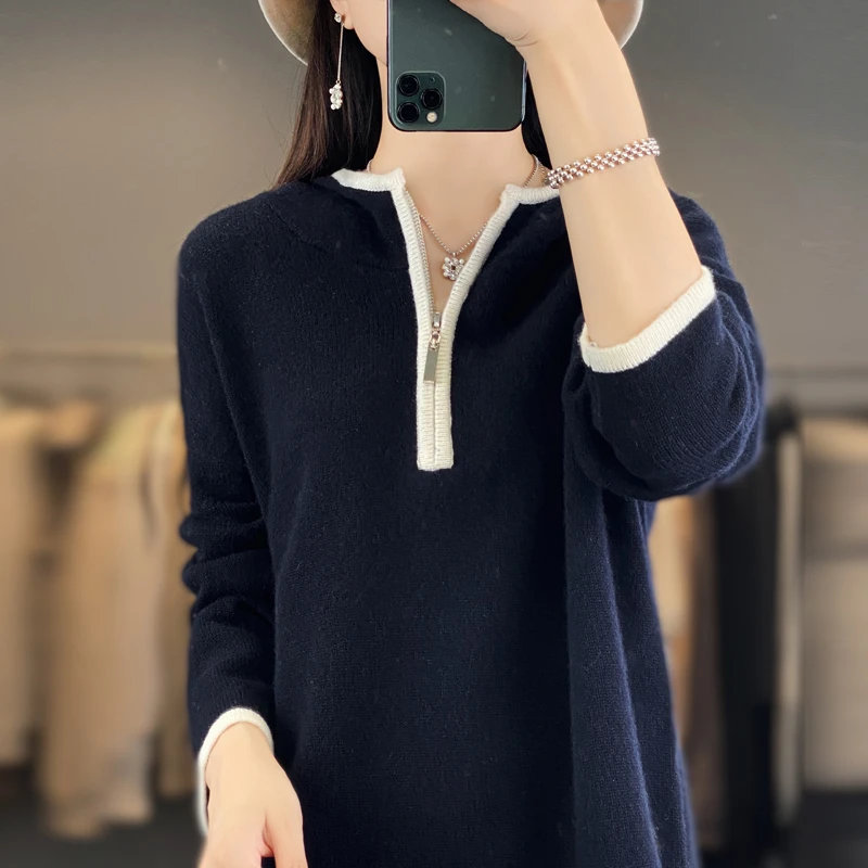 新款女士秋冬羊毛衫宽松慵懒帽衫轻奢连帽针织衫高端休闲打底毛衣