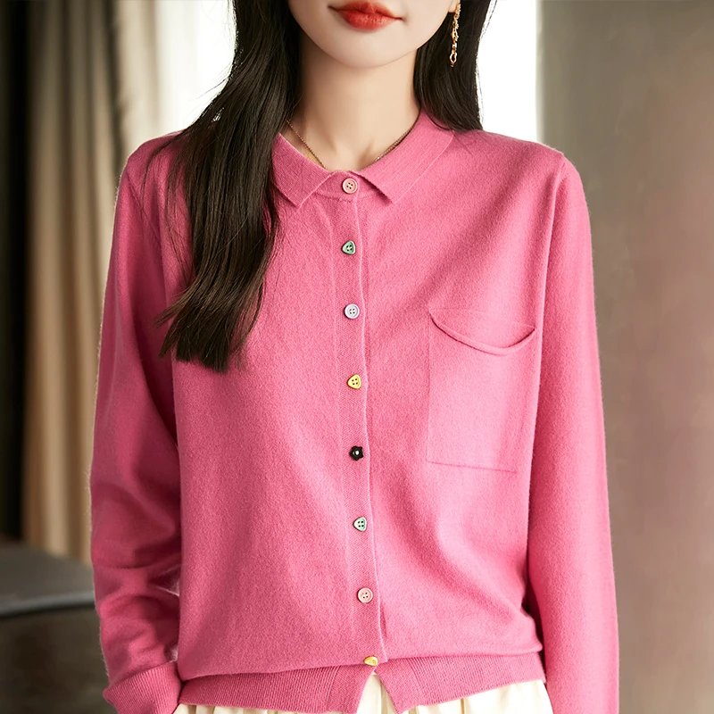 甄选精纺羊毛开衫新款轻奢POLO领长袖针织衫爆款时尚气质打底开衫