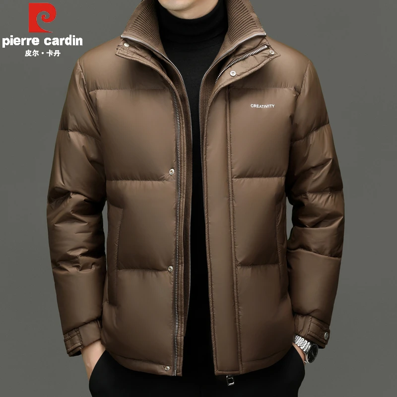 皮尔卡丹白鸭绒羽绒服男士针织领面包服冬季韩版潮流立领加厚外套