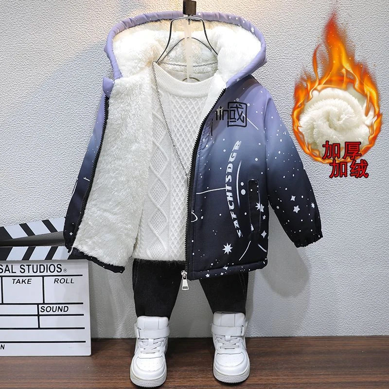 男童加厚冬款外套2023新款中大童帅气炸街儿童加绒加棉连帽棉风衣
