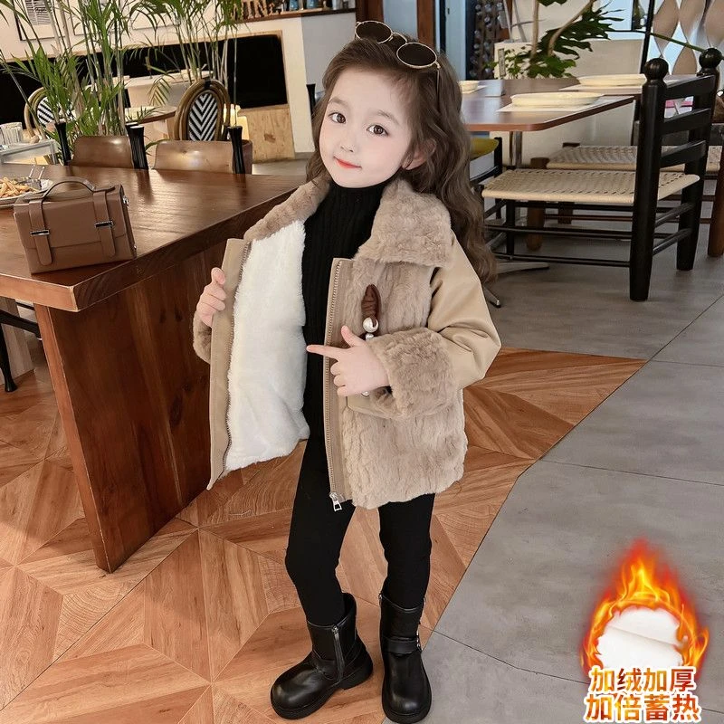 女童中长款仿皮草外套宝宝加绒加厚儿童秋冬装新款洋气毛毛衣外套