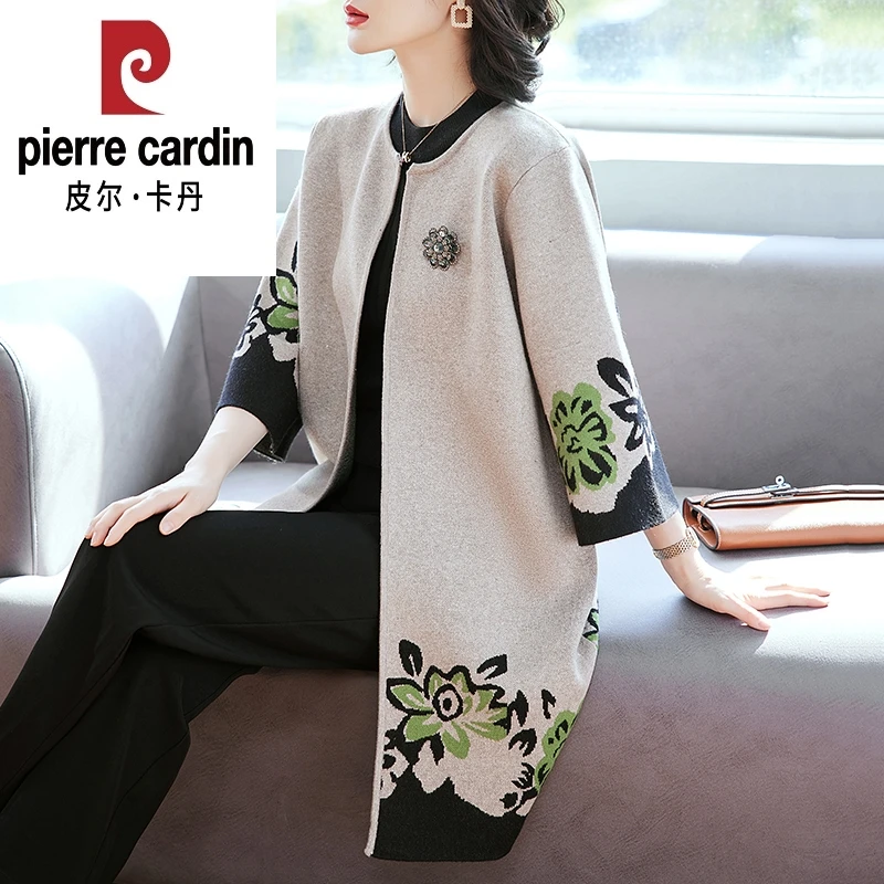 皮尔卡丹妈妈春装针织外套中长新款阔太太洋气风衣中老年女装中年