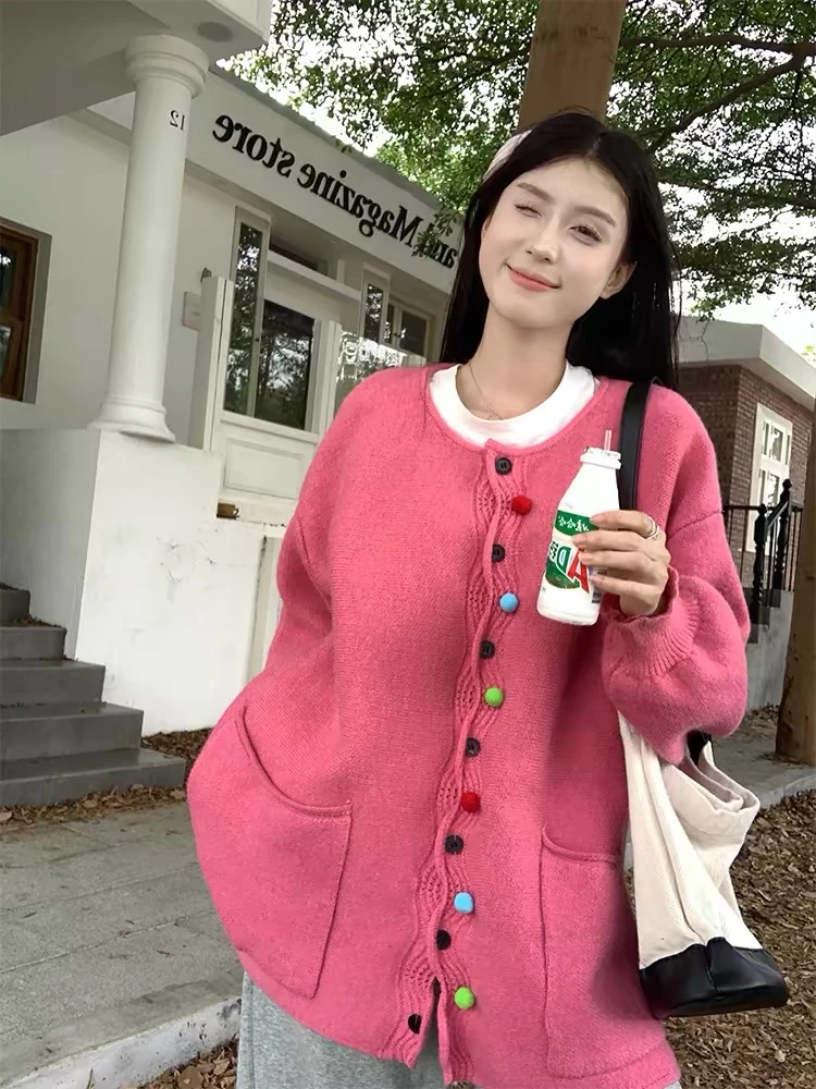 软糯甜美多巴胺宽松慵懒风设计感彩色大码钩花针织开衫毛衣