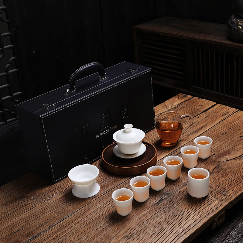 唐蕴德化白瓷高档素烧羊脂玉瓷中式描金盖碗主人杯茶杯轻奢礼盒装