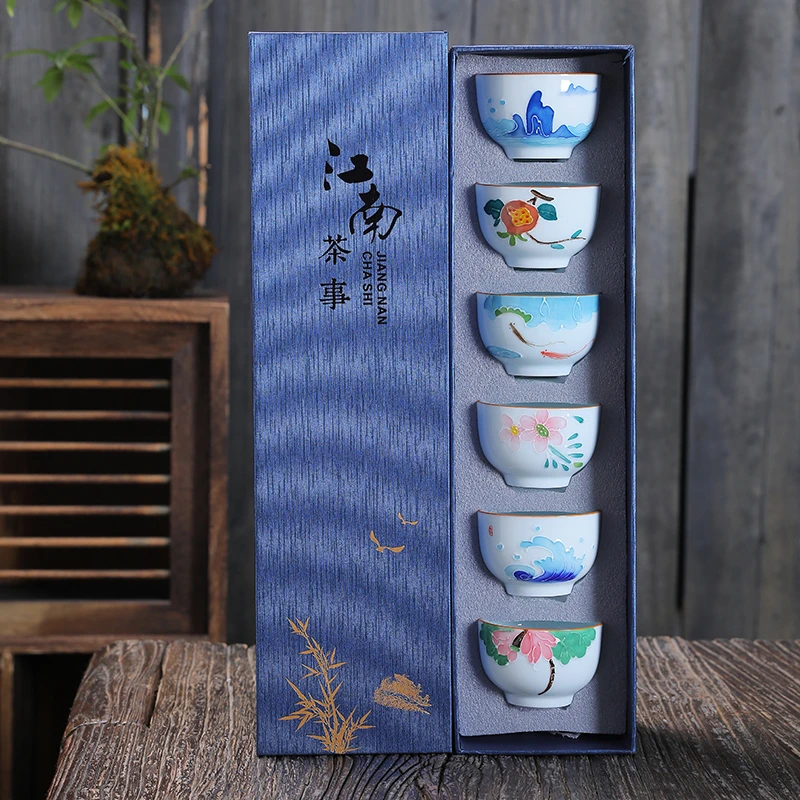 喝茶创意手绘功夫茶杯主人杯国风陶瓷中式白瓷礼盒装喝茶主人杯