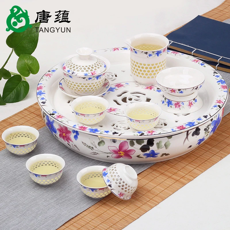 唐蕴玲珑镂空蜂窝茶具套装家用客厅陶瓷茶盘盖碗茶壶泡茶功夫茶杯
