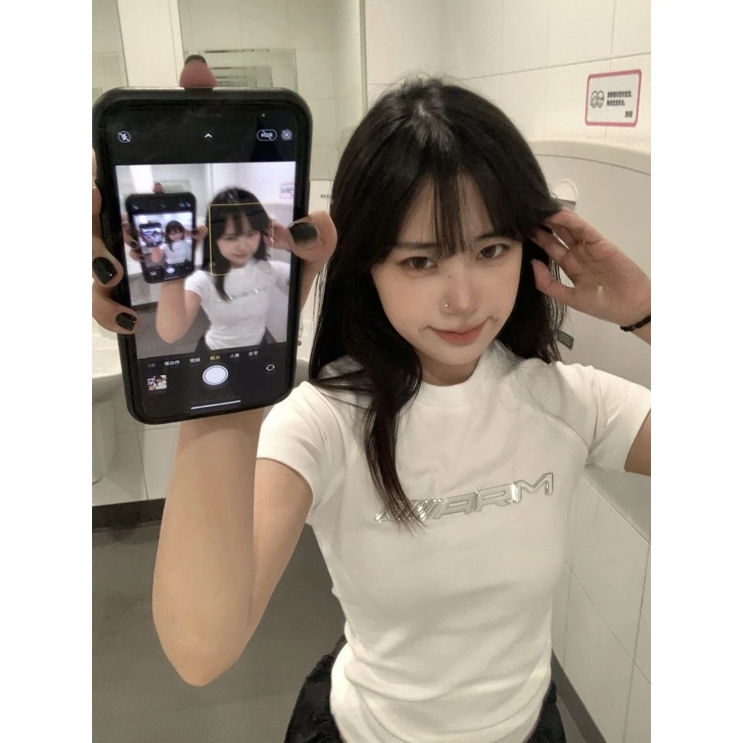美式液态金属短袖t恤女夏季复古正肩设计感小众修身短款辣妹上衣