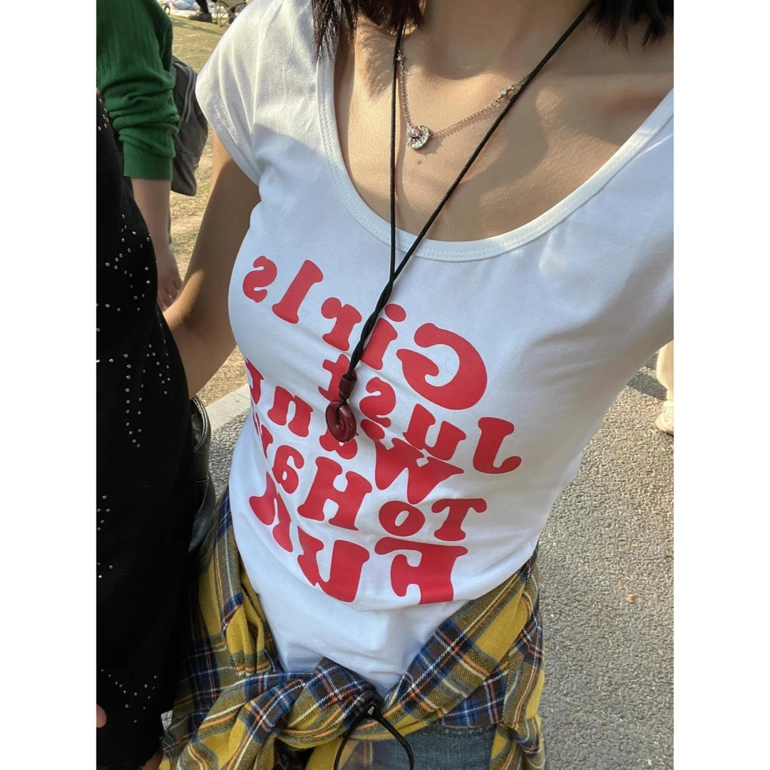 U领修身显瘦短袖t恤女紧身高腰夏季设计感美式辣妹低领白色短上衣