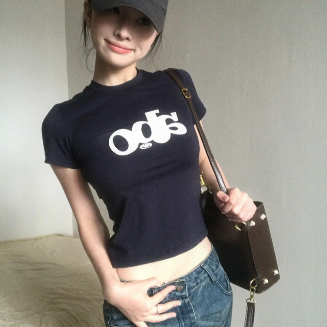 美式复古藏青色短袖女夏季新款甜酷修身掐腰显瘦t恤辣妹短款上衣