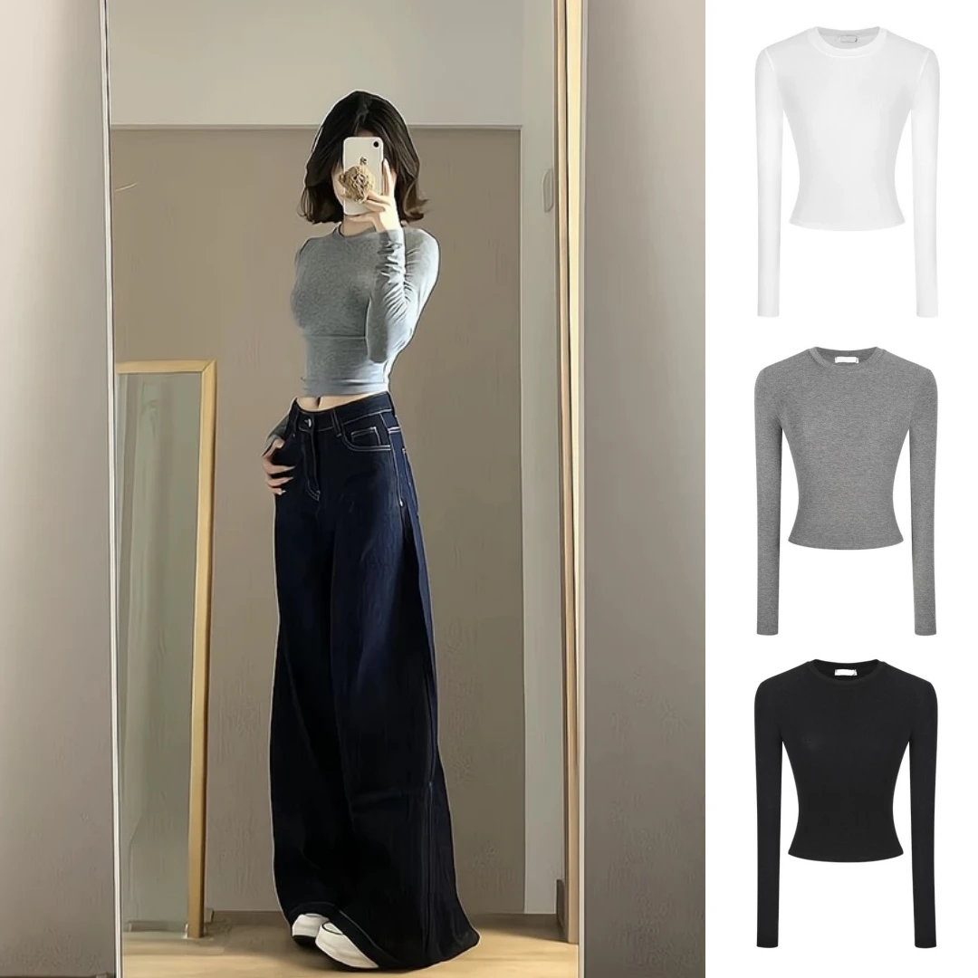 辣妹灰色修身长袖t恤女秋季内搭打底衫紧身收腰显瘦短款百搭上衣