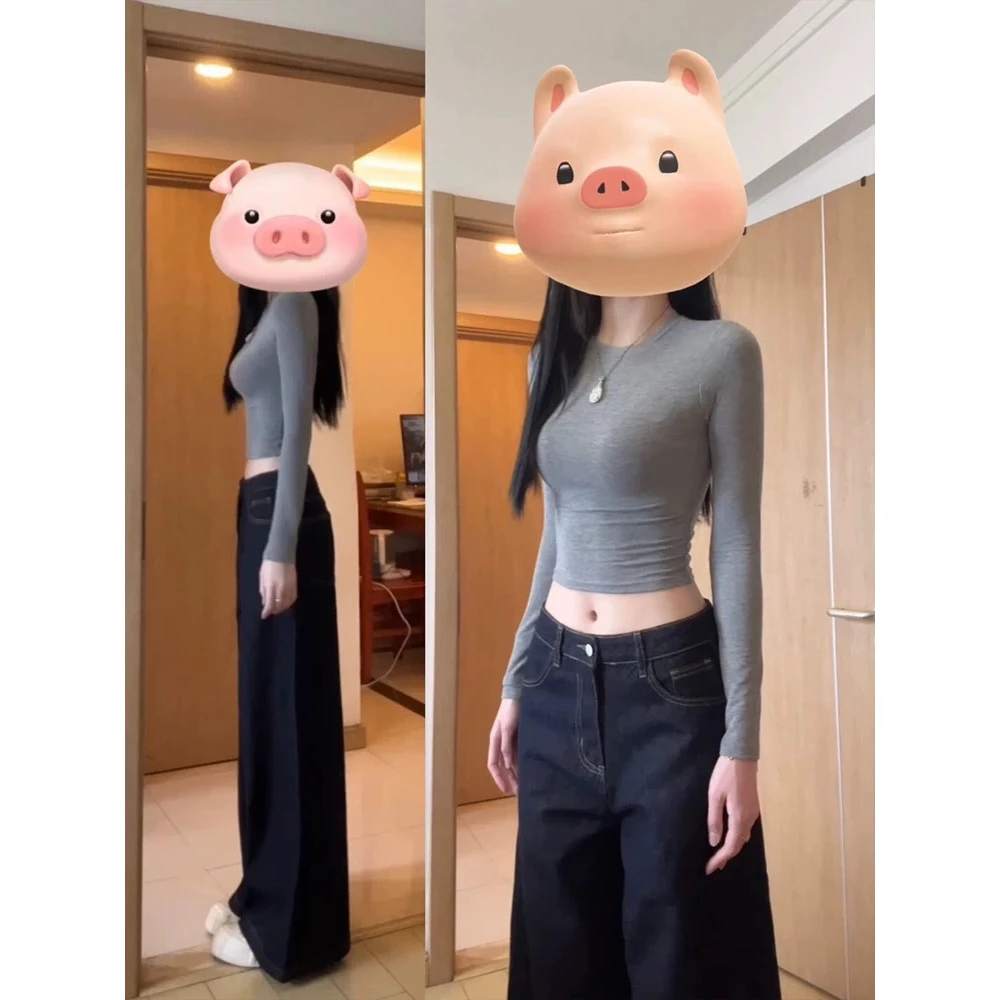 美式正肩紧身打底衫长袖t恤女秋季新款内搭修身显瘦辣妹短款上衣