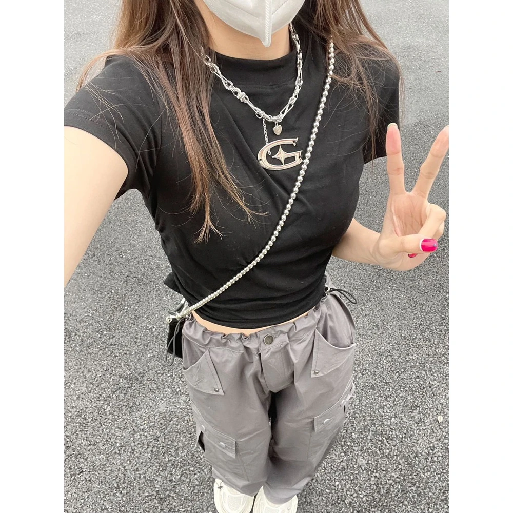 美式复古黑色正肩短袖t恤女夏季新款设计感小众修身短款辣妹上衣