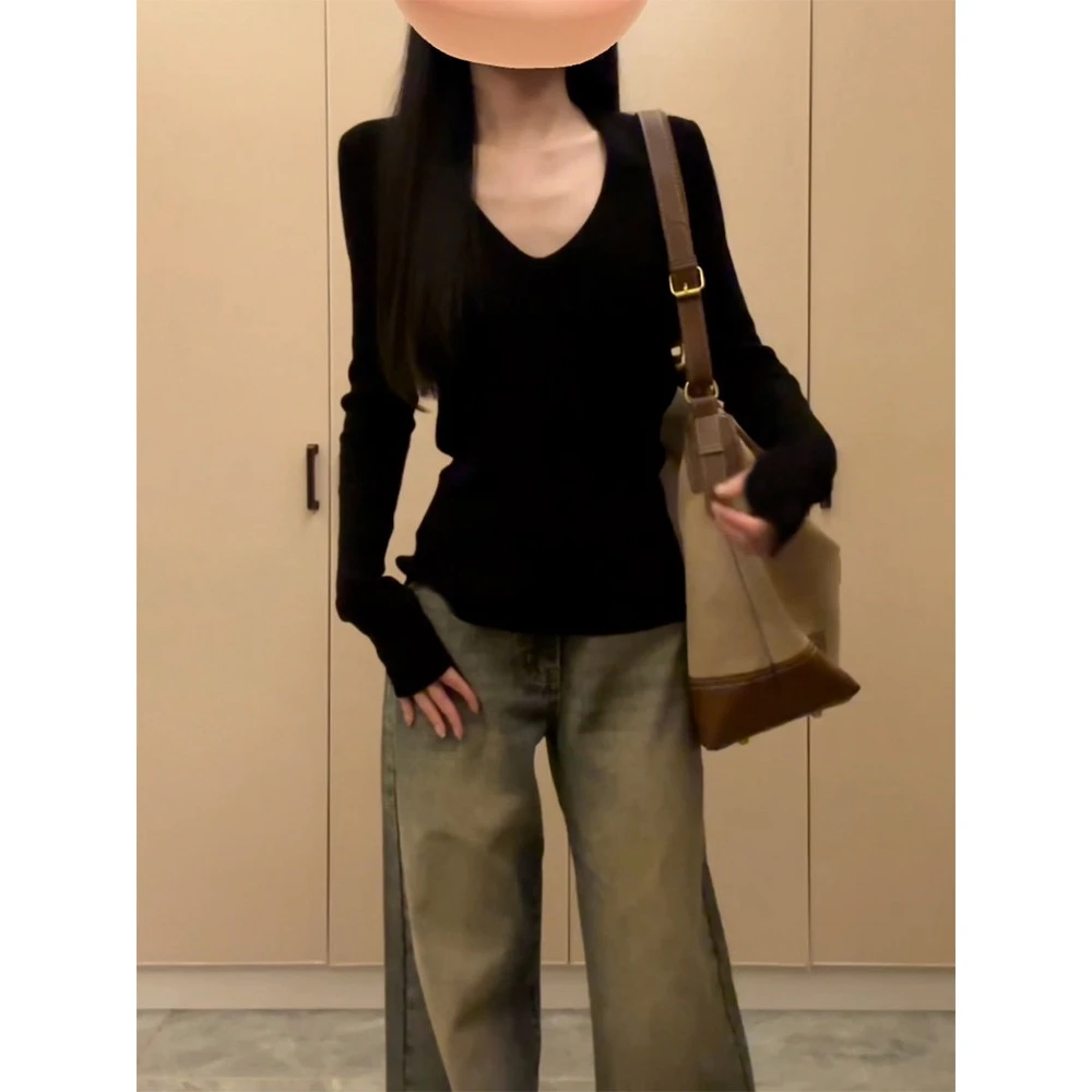 黑色V领长袖打底衫女春秋季修身紧身内搭t恤收腰显瘦气质低领上衣