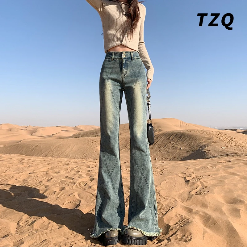 高腰微喇牛仔裤女爆款2025夏季修身显瘦毛边马喇叭裤TZQ120938