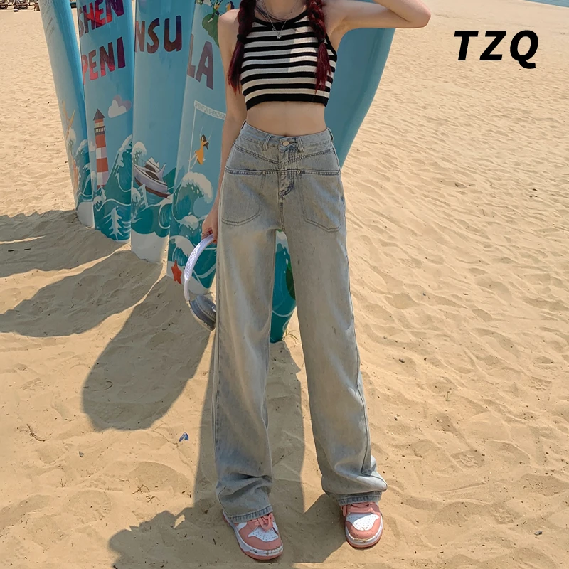浅蓝色高腰直筒牛仔裤女新款宽松显瘦百搭阔腿拖地潮裤TZQ72115