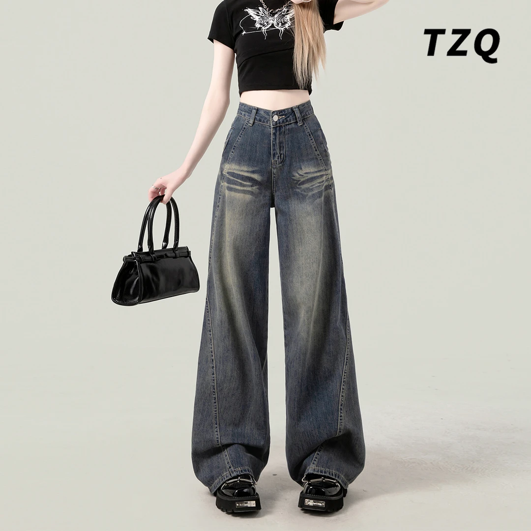 美式高街阔腿牛仔裤女2025新款显瘦宽松做旧设计感拖地裤TZQ80355