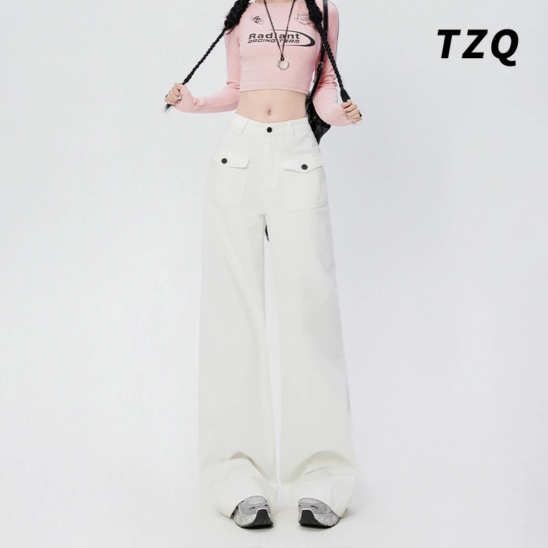 翻盖口袋设计白色宽松牛仔裤女秋季直筒阔腿休闲裤长裤TZQ112146