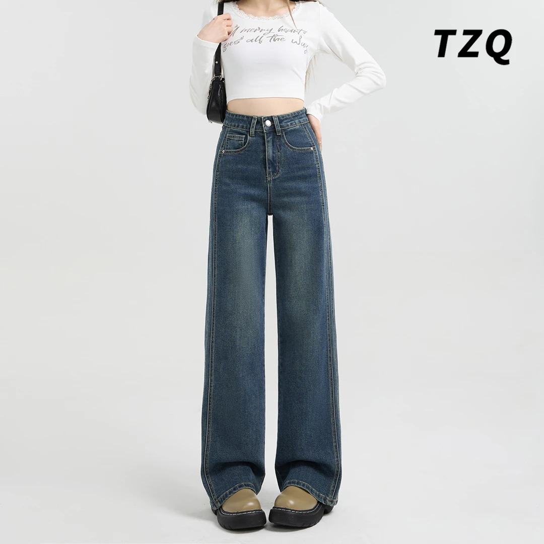 复古阔腿牛仔裤女2025年夏季新款高腰显瘦直筒百搭加TZQ110233