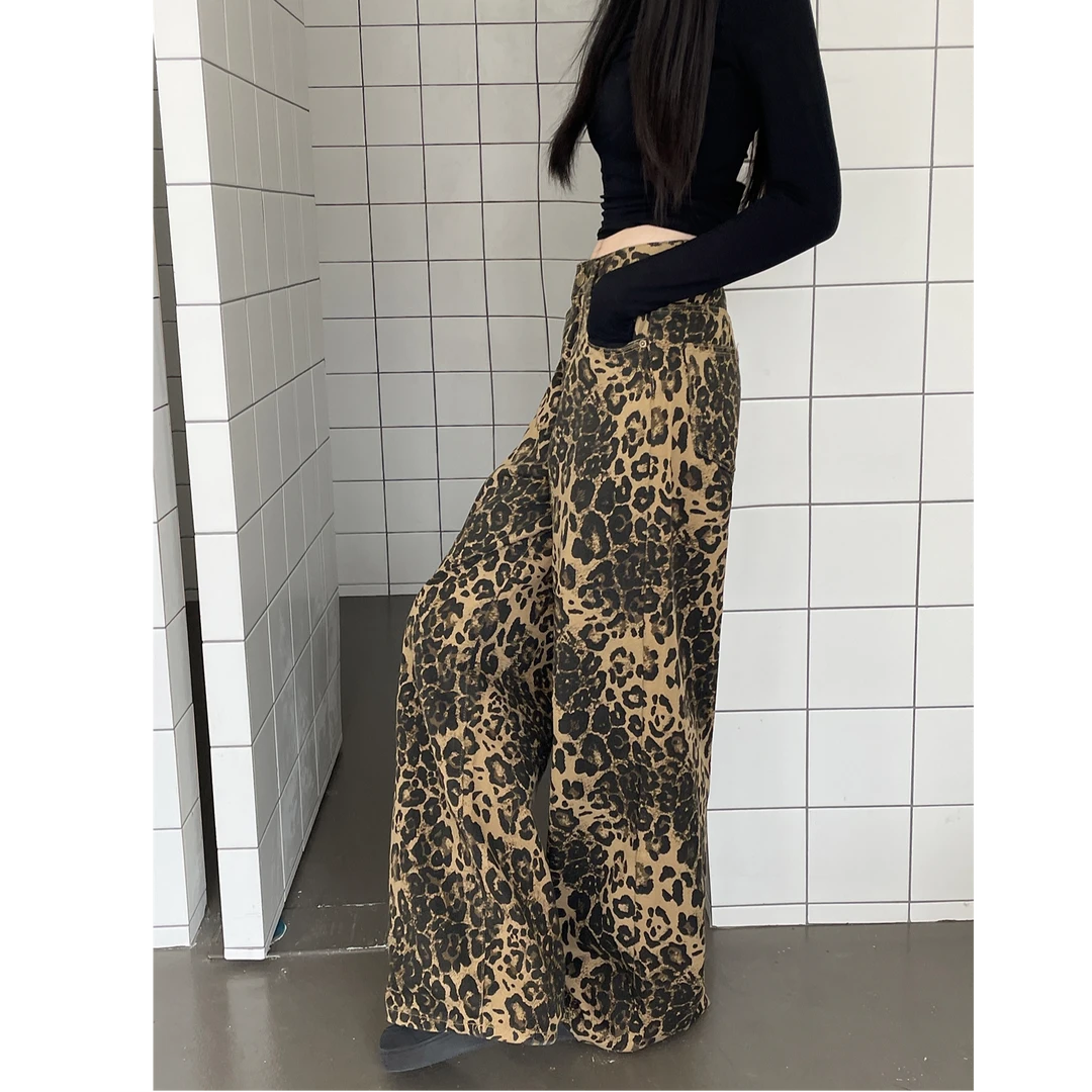 美式高街豹纹牛仔裤女2025春季新款高腰直筒设计感小众宽松阔腿裤