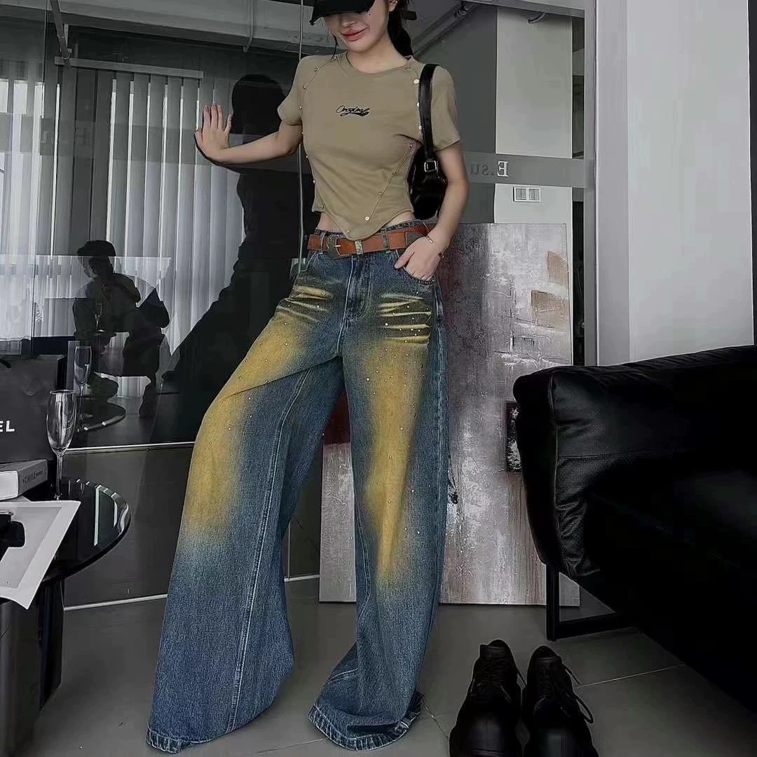 美式高街撞色铆钉设计阔腿牛仔裤女2024秋季新款宽松垂感拖地裤子